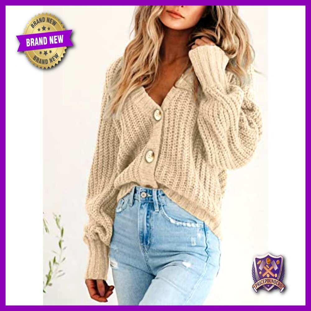 Chunky Knit Open Front Cardigan, Oversized Fit, Button Detail, Long Sleeve - Picture 3 of 7